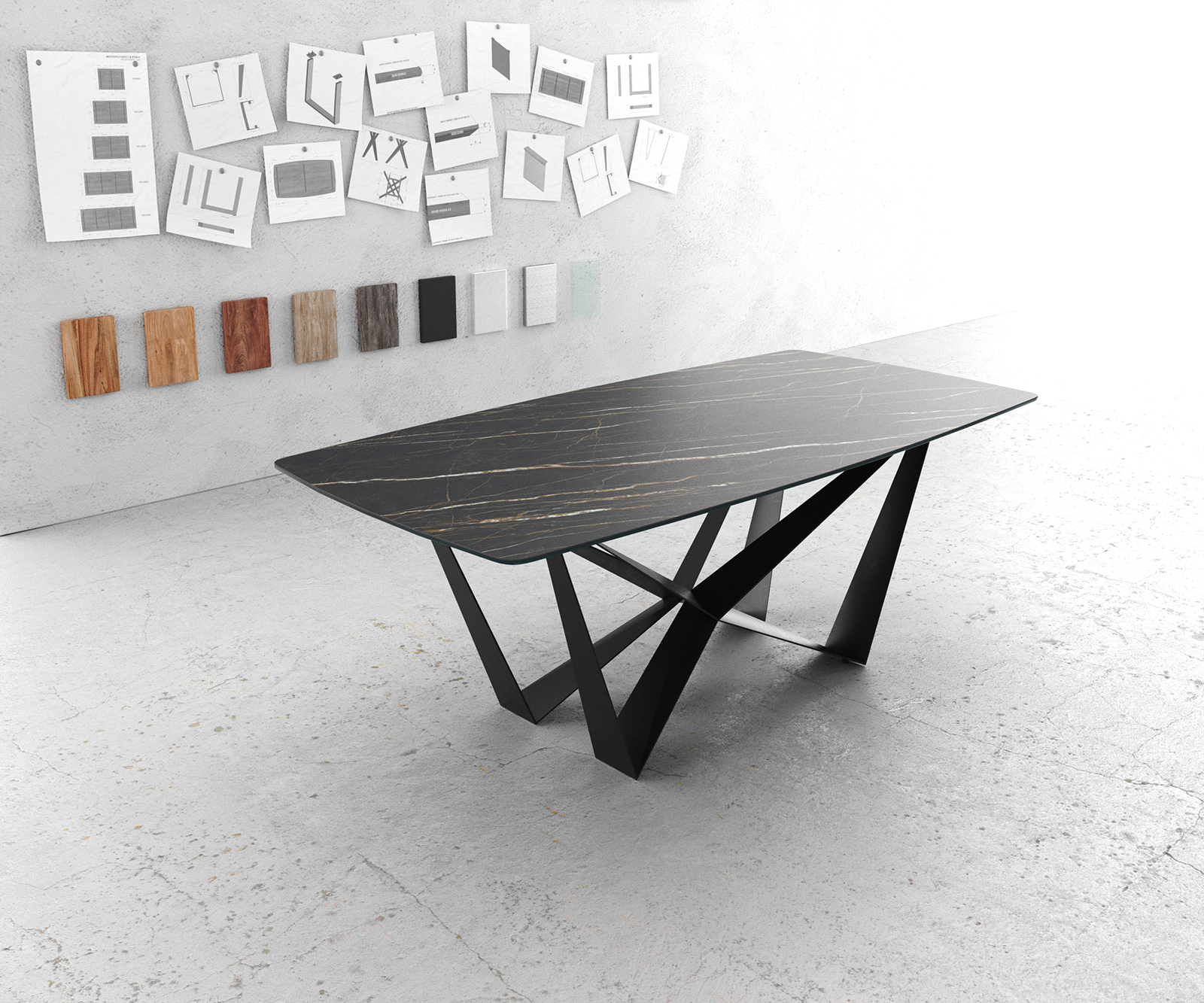 Étkezőasztal Edge hajóformájú 200x100 cm Laminam® kerámia Noir Desir barna középső láb laposacél fekete