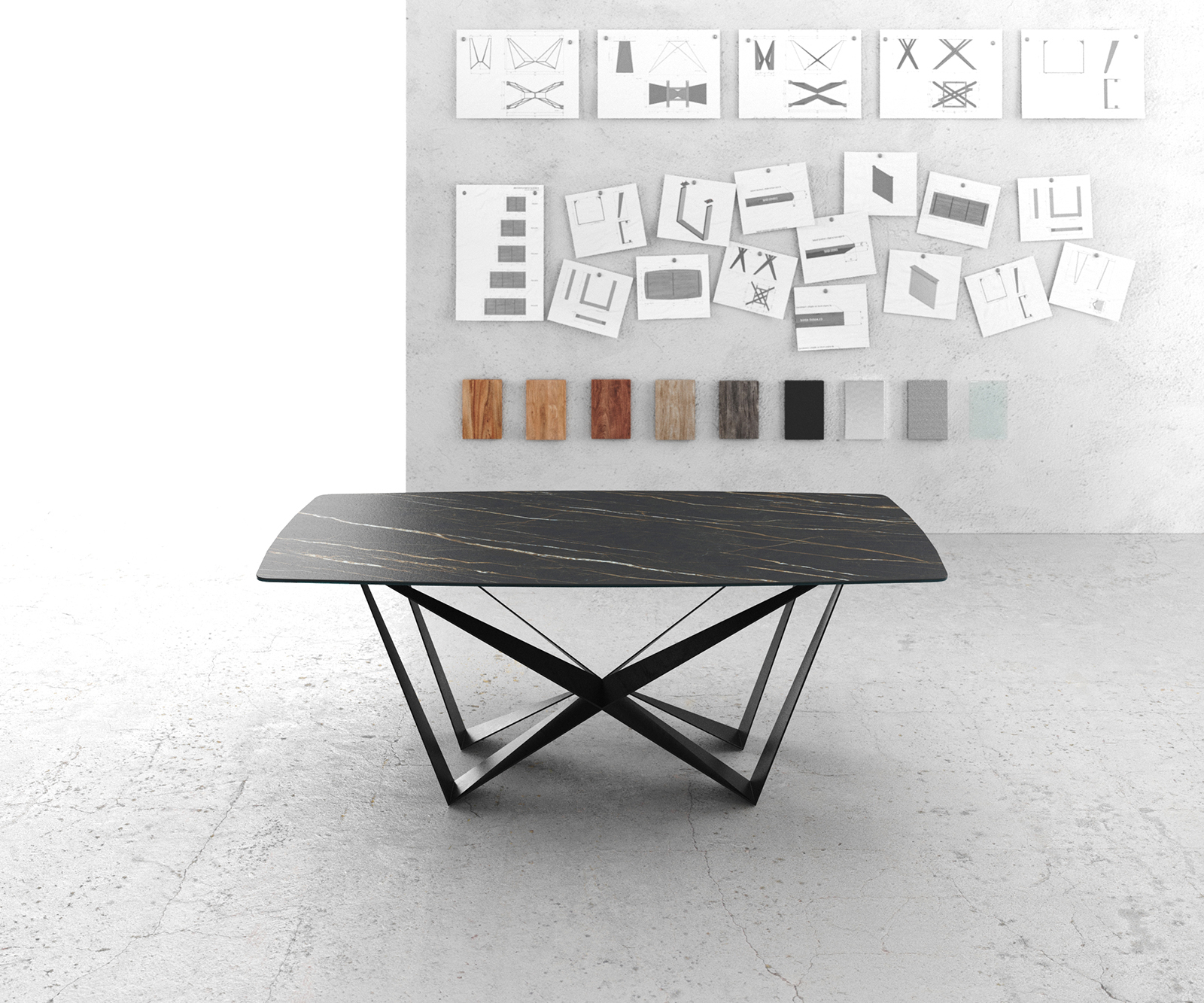 Étkezőasztal Edge hajóformájú 200x100 cm Laminam® kerámia Noir Desir barna középső láb laposacél fekete - Image 2