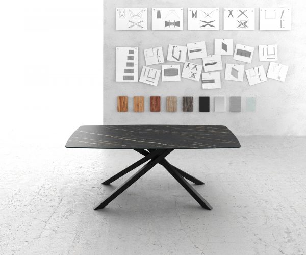 Étkezőasztal Edge hajóformájú 200x100 cm Laminam® kerámia Noir Desir barna középső láb kereszt fekete - Image 2