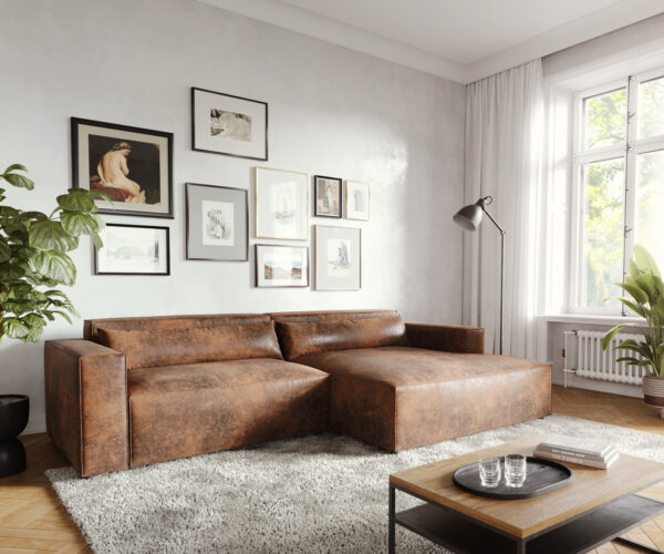 Sarokkanapé Brom 270x150 cm műbőr barna jobb oldali rekamié