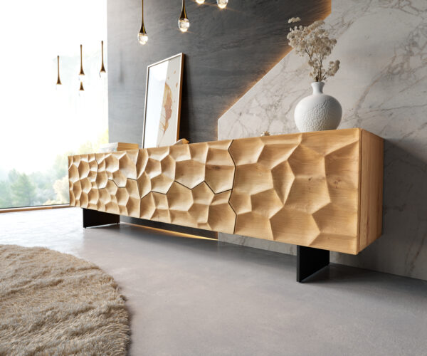 TV szekrény Solu 220 cm tölgy természetes 2 ajtós 4 fiókos lebegő fém láb fekete 3D előlap