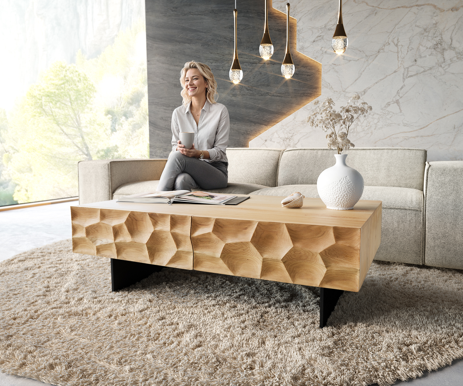 Dohányzóasztal Solu 120x70 cm tölgy természetes 4 fiók lebegő fém láb fekete 3D előlap