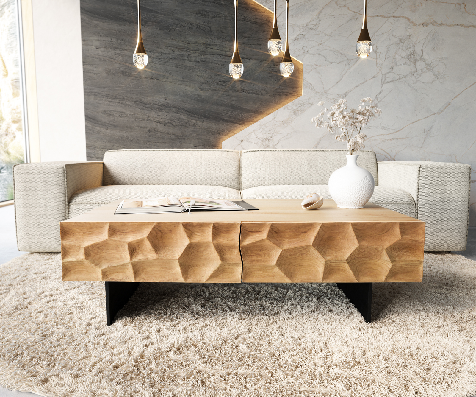 Dohányzóasztal Solu 120x70 cm tölgy természetes 4 fiók lebegő fém láb fekete 3D előlap - Image 2