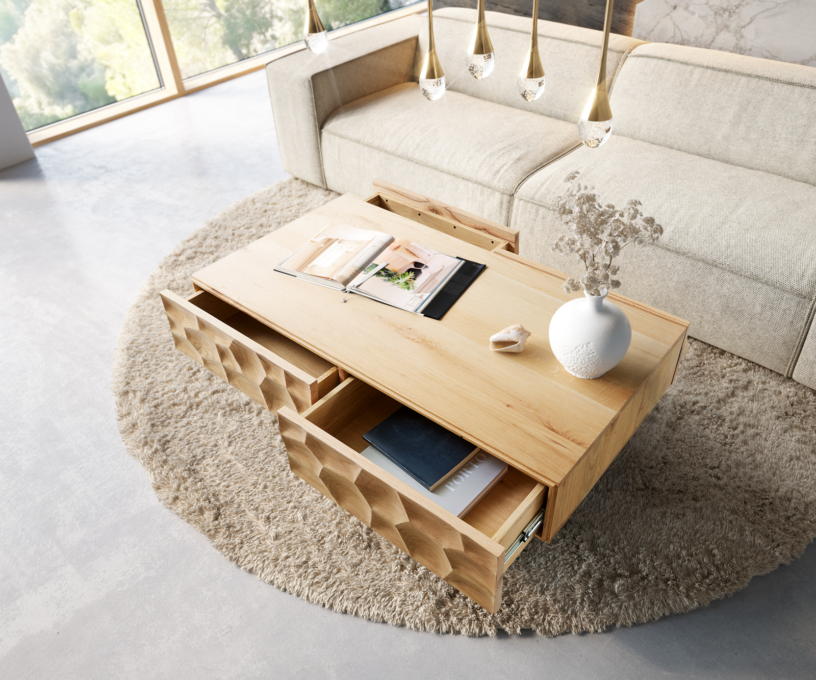 Dohányzóasztal Solu 120x70 cm tölgy természetes 4 fiók lebegő fém láb fekete 3D előlap - Image 4