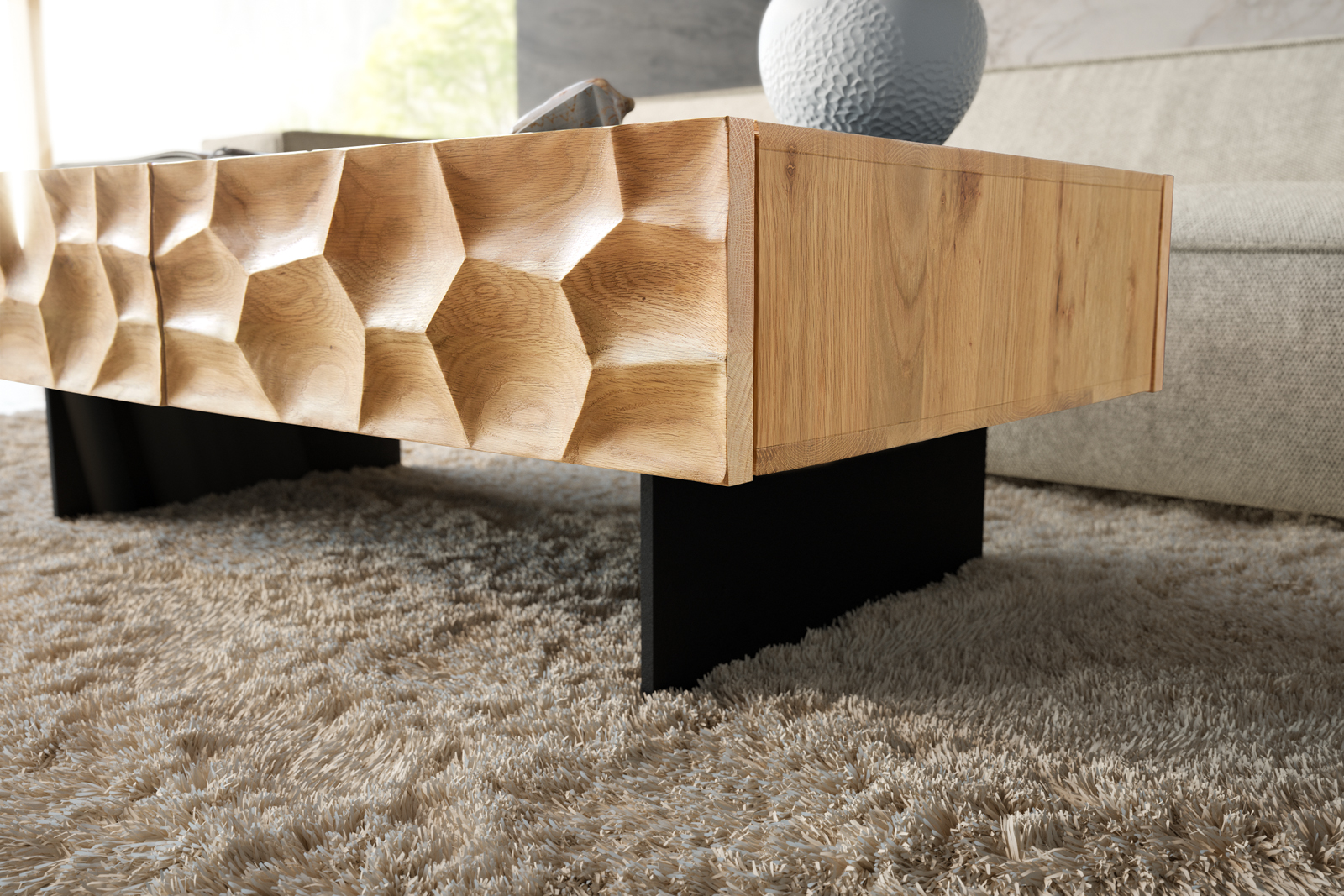 Dohányzóasztal Solu 120x70 cm tölgy természetes 4 fiók lebegő fém láb fekete 3D előlap - Image 5