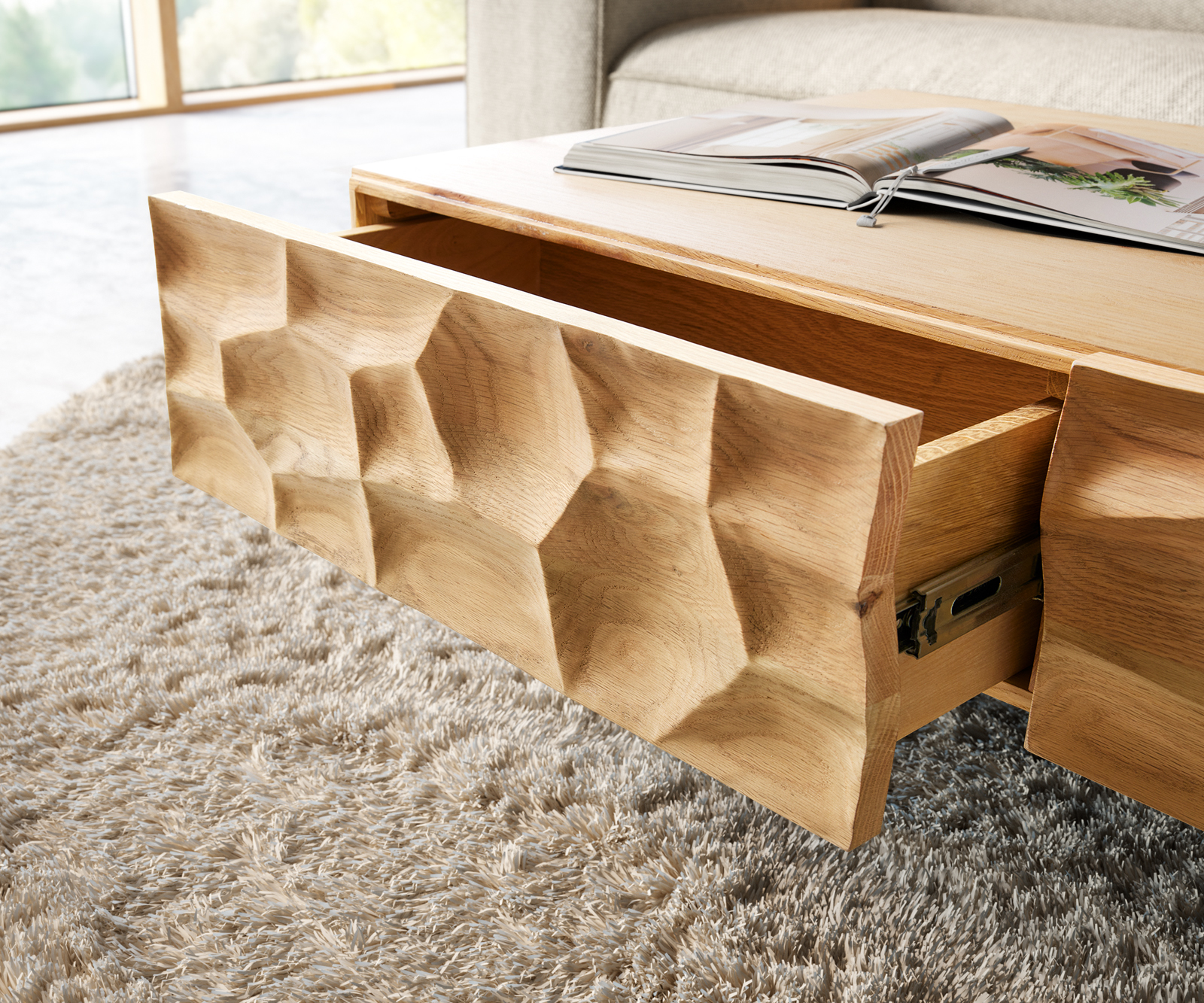 Dohányzóasztal Solu 120x70 cm tölgy természetes 4 fiók lebegő fém láb fekete 3D előlap - Image 6