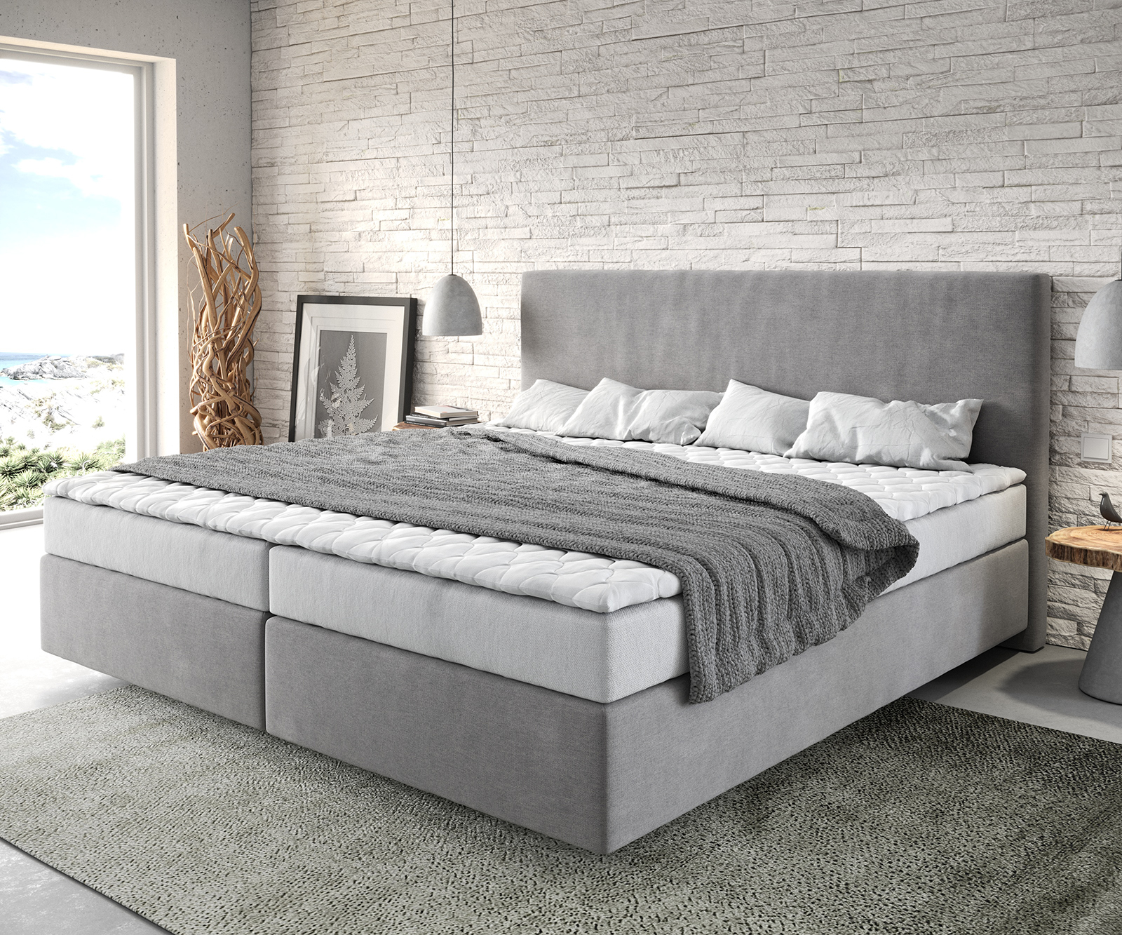 Boxspring ágy Dream-Well mikroszálas szürke 200x200 cm bonell matrac PU-topper