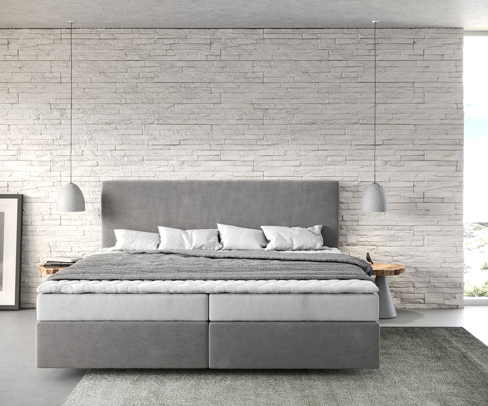 Boxspring ágy Dream-Well mikroszálas szürke 200x200 cm bonell matrac PU-topper - Image 2
