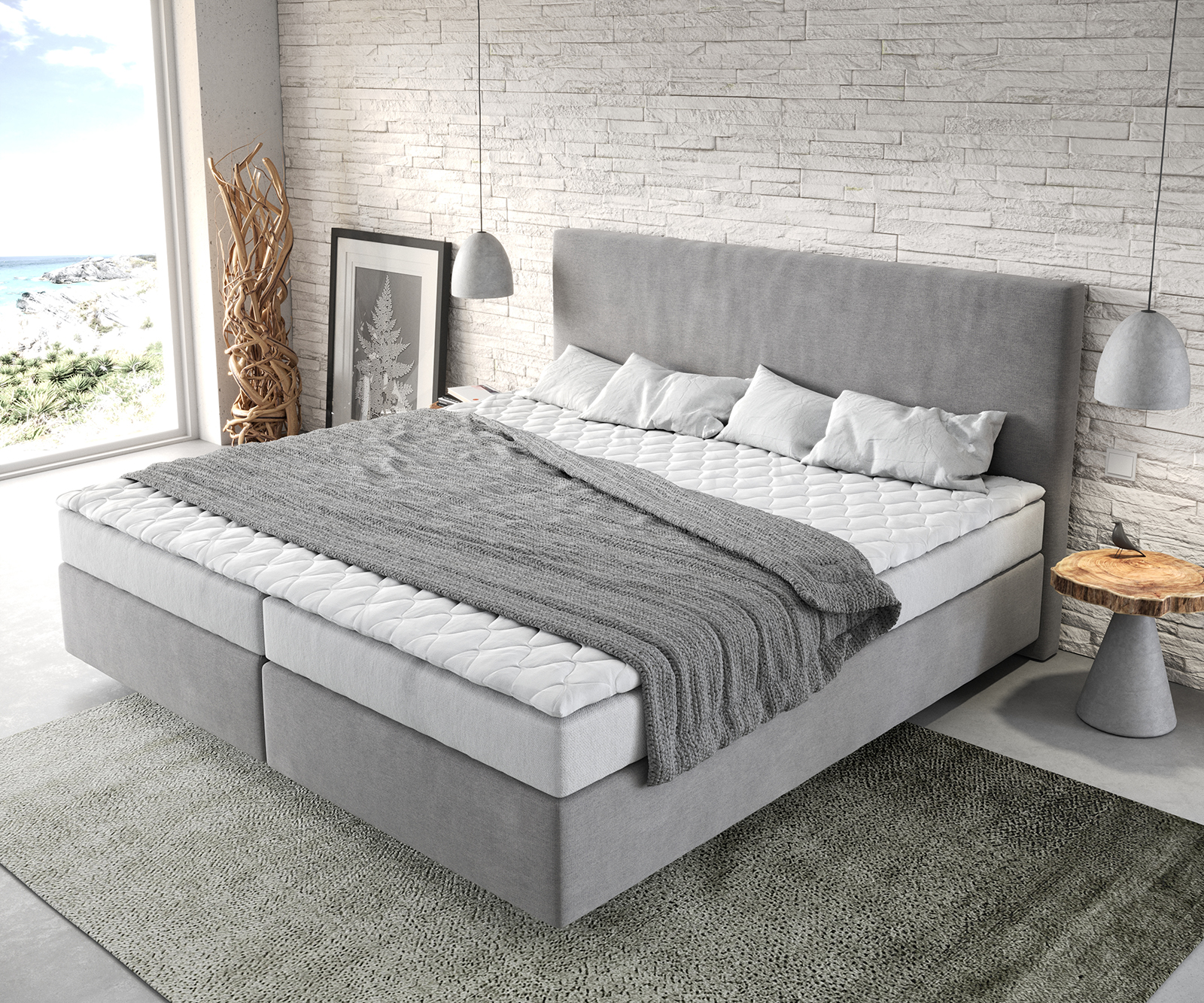 Boxspring ágy Dream-Well mikroszálas szürke 200x200 cm bonell matrac PU-topper - Image 4
