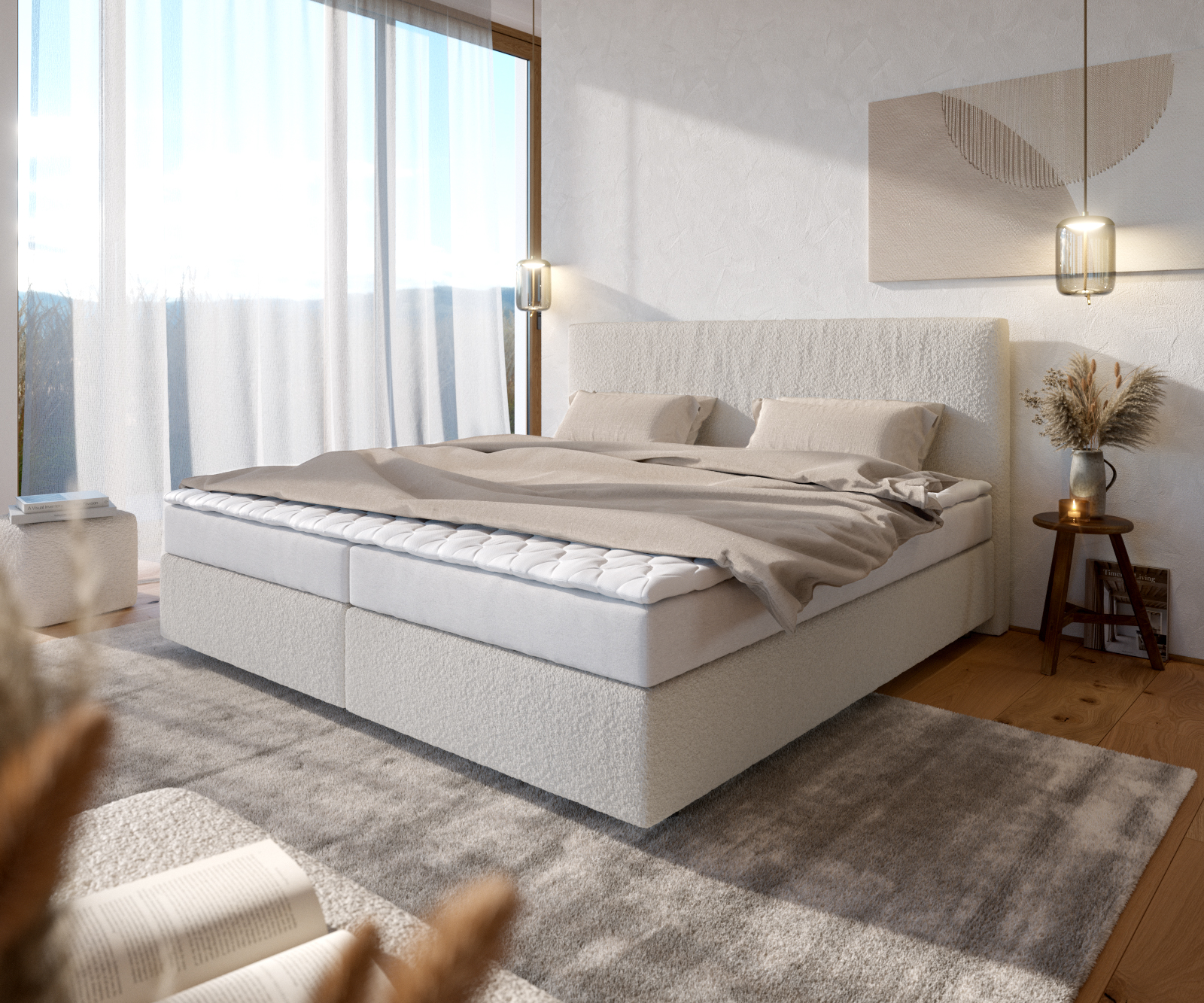 Boxspring ágy Dream-Well bouclé krémfehér 200x200 cm bonell matrac PU topper