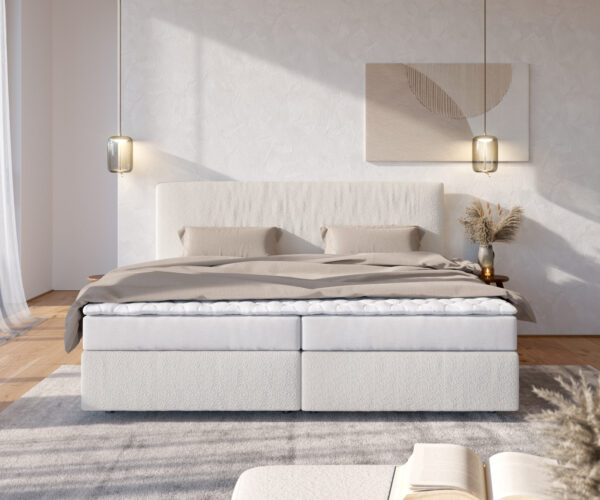 Boxspring ágy Dream-Well bouclé krémfehér 200x200 cm bonell matrac PU topper - Image 2