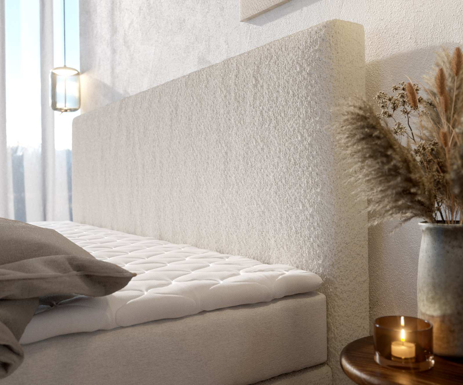 Boxspring ágy Dream-Well bouclé krémfehér 200x200 cm bonell matrac PU topper - Image 5