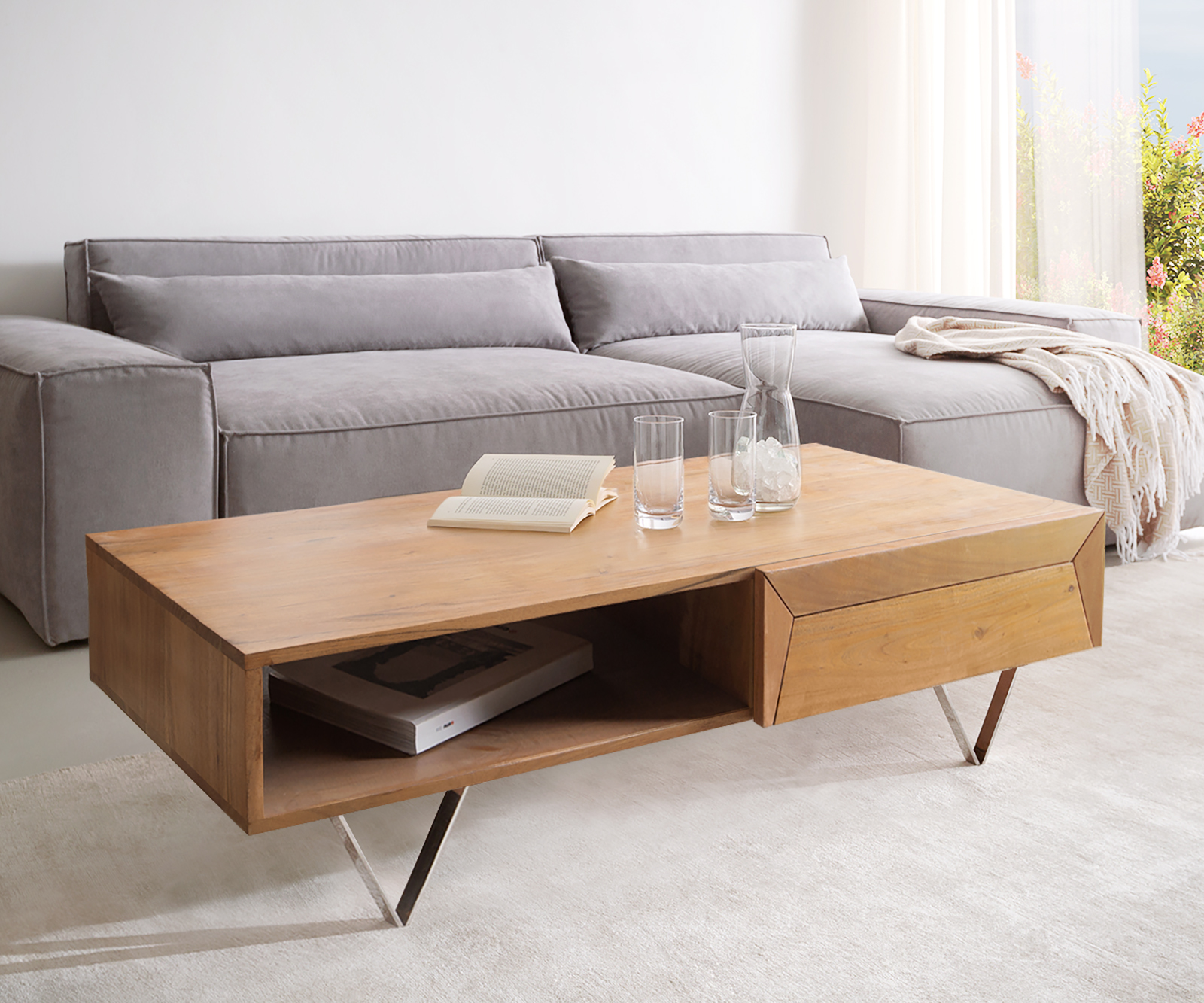 Dohányzóasztal Kayu 115x60 cm akác természetes 2 fiókos V-láb rozsdamentes acél