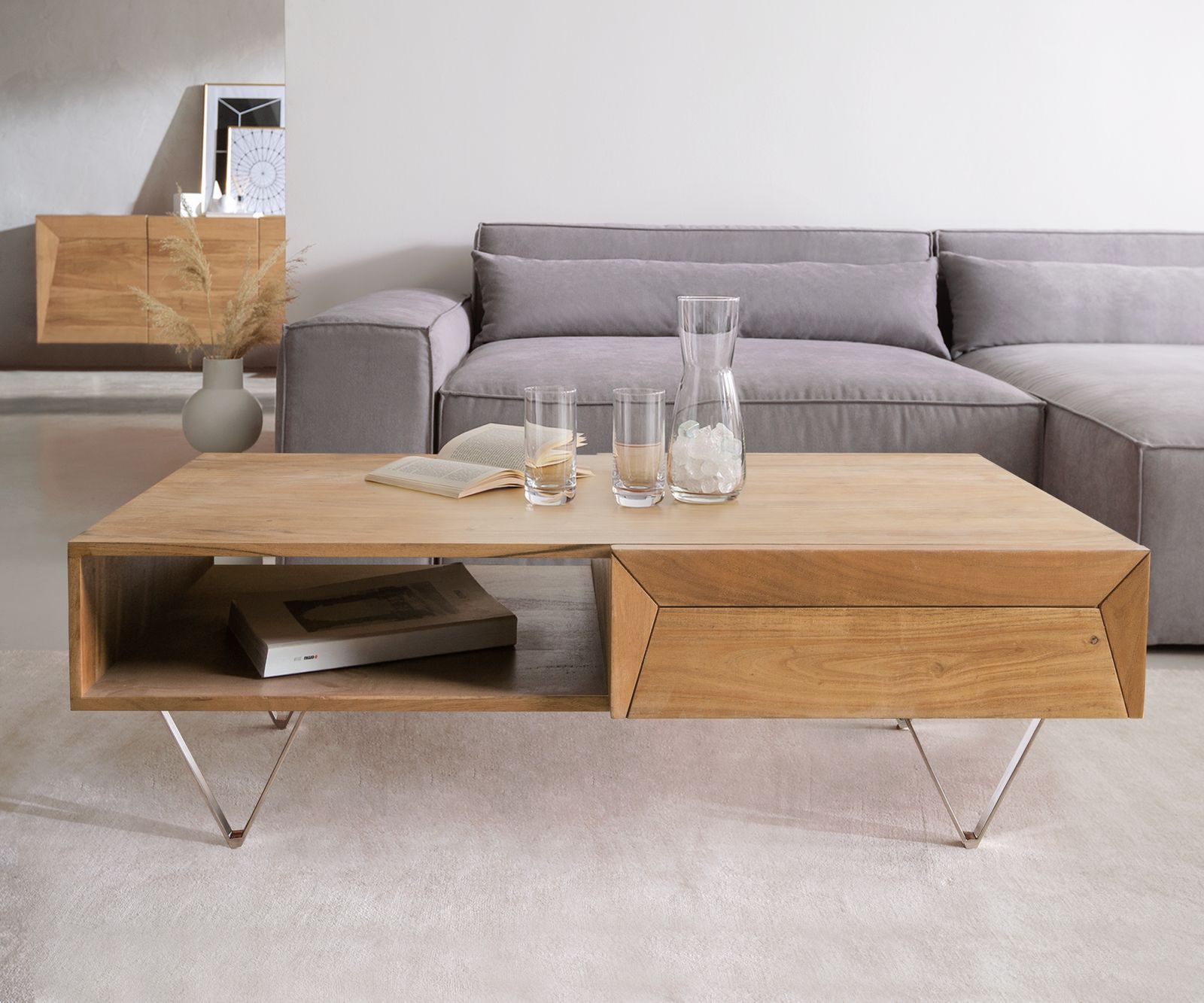 Dohányzóasztal Kayu 115x60 cm akác természetes 2 fiókos V-láb rozsdamentes acél - Image 2