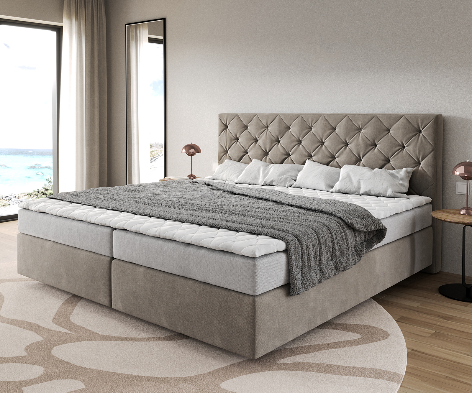Boxspring ágy Dream-Great mikroszálas bézs 200x200 cm bonell matrac PU-topper