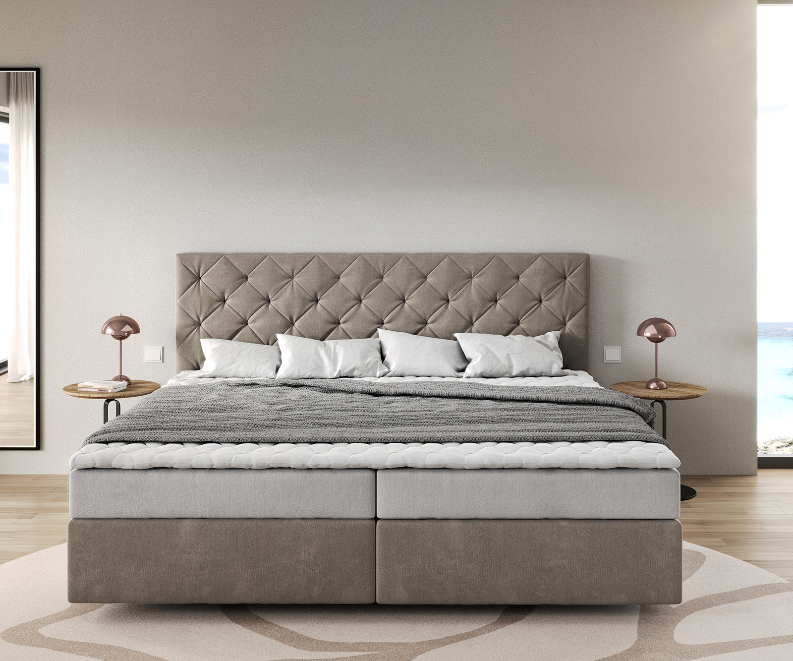 Boxspring ágy Dream-Great mikroszálas bézs 200x200 cm bonell matrac PU-topper - Image 2