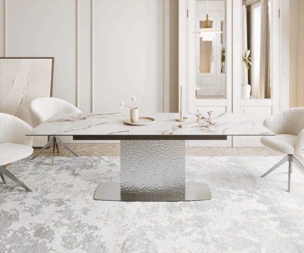 Étkezőasztal Edge 180-220x100 cm kerámia Calacatta Luxe fehér arany szürke Wave rozsdamentes acél kihúzható - Image 2