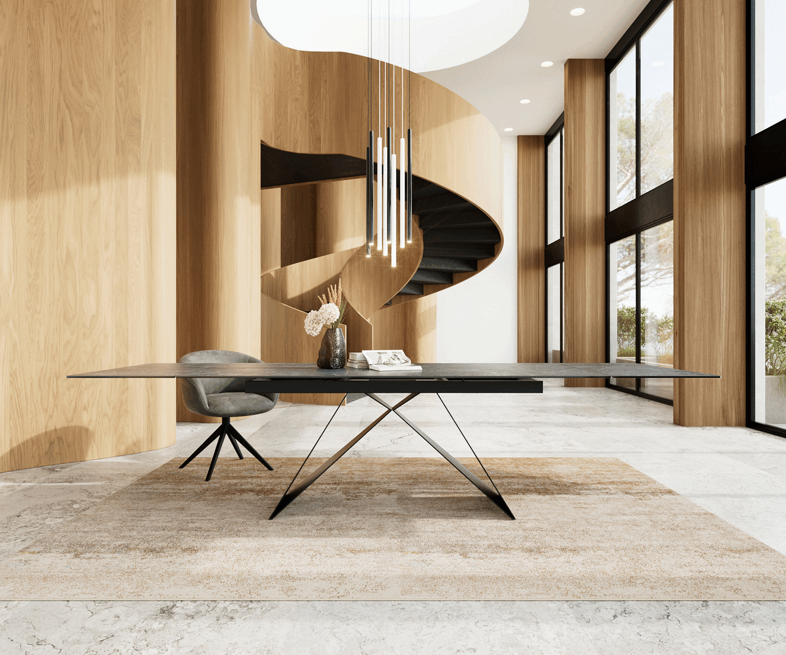 Étkezőasztal Edge 200-300x100 kerámia Laminam®Nero Greco antracit V alakú láb laposacél fekete kihúzható - Image 2