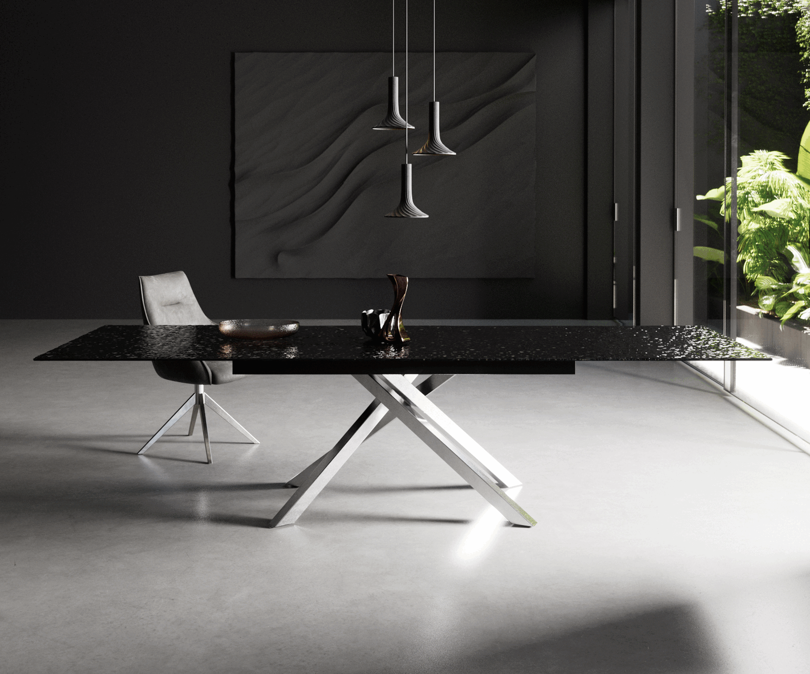 Étkezőasztal Edge 200-300x100 domborított üveg füstfekete 3D design kereszt láb téglalap rozsdamentes acél kihúzható - Image 2