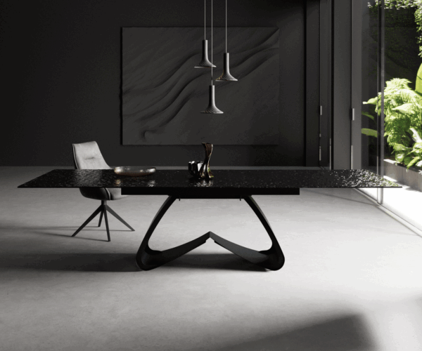 Étkezőasztal Edge 200-300x100 domborított üveg füstfekete 3D design W alakú láb fekete kihúzható - Image 2