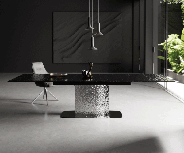 Étkezőasztal Edge 200-300x100 domborított üveg füstfekete 3D design hullám rozsdamentes acél kihúzható - Image 2