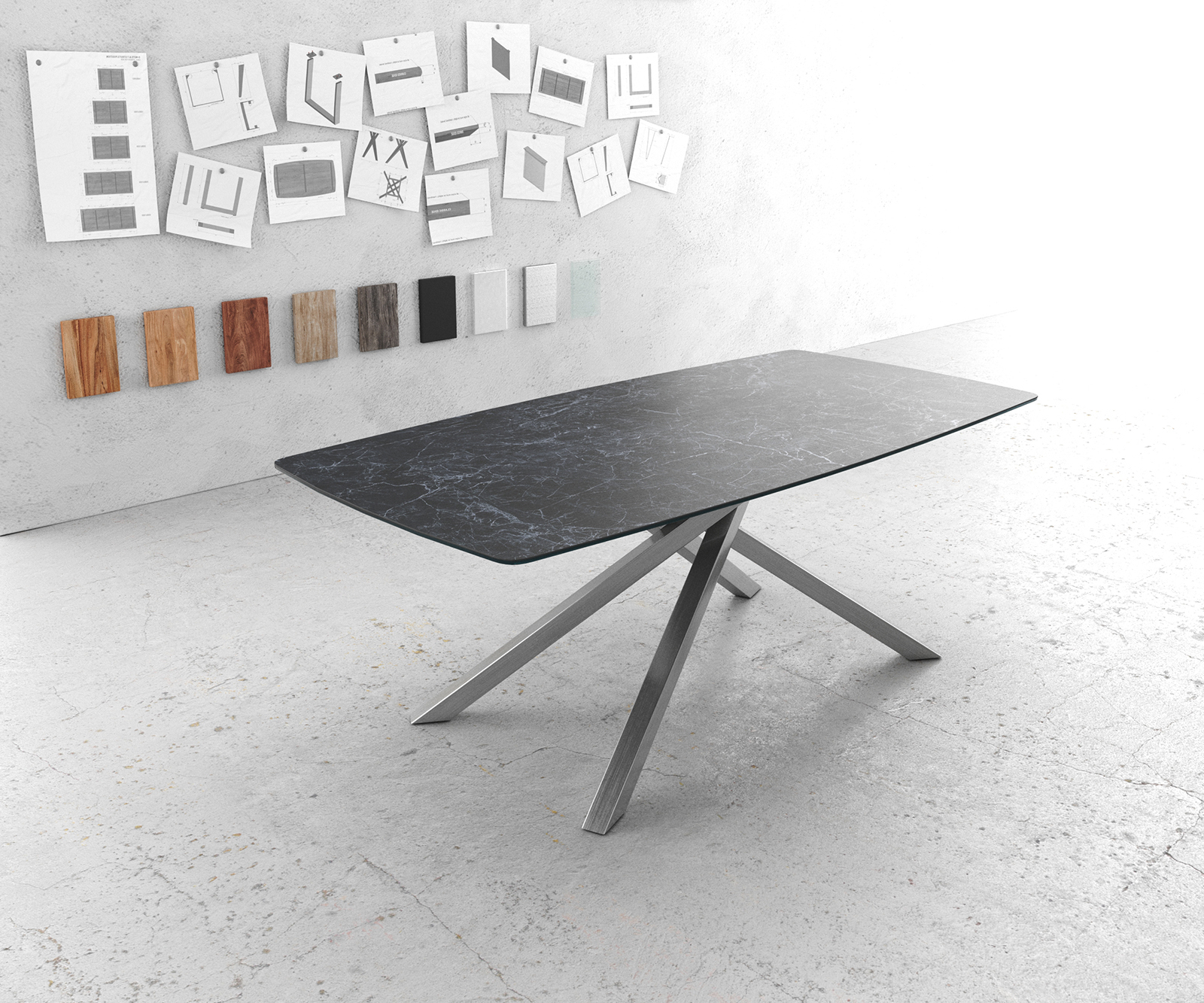 Étkezőasztal Edge hajóformájú 200x100 cm Laminam® kerámia Nero Greco antracit kereszt láb téglalap alakú rozsdamentes acél