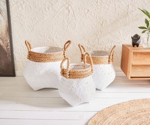 Koš sada 3 kusů kulatá tkaná bílá bambus Ø 50 cm