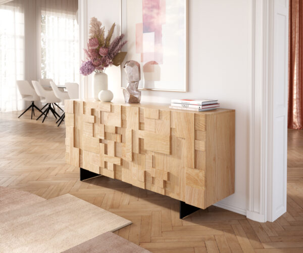 Komód Puzzle 175 cm tölgy természetes 3 ajtós lebegő fém láb fekete - Image 4