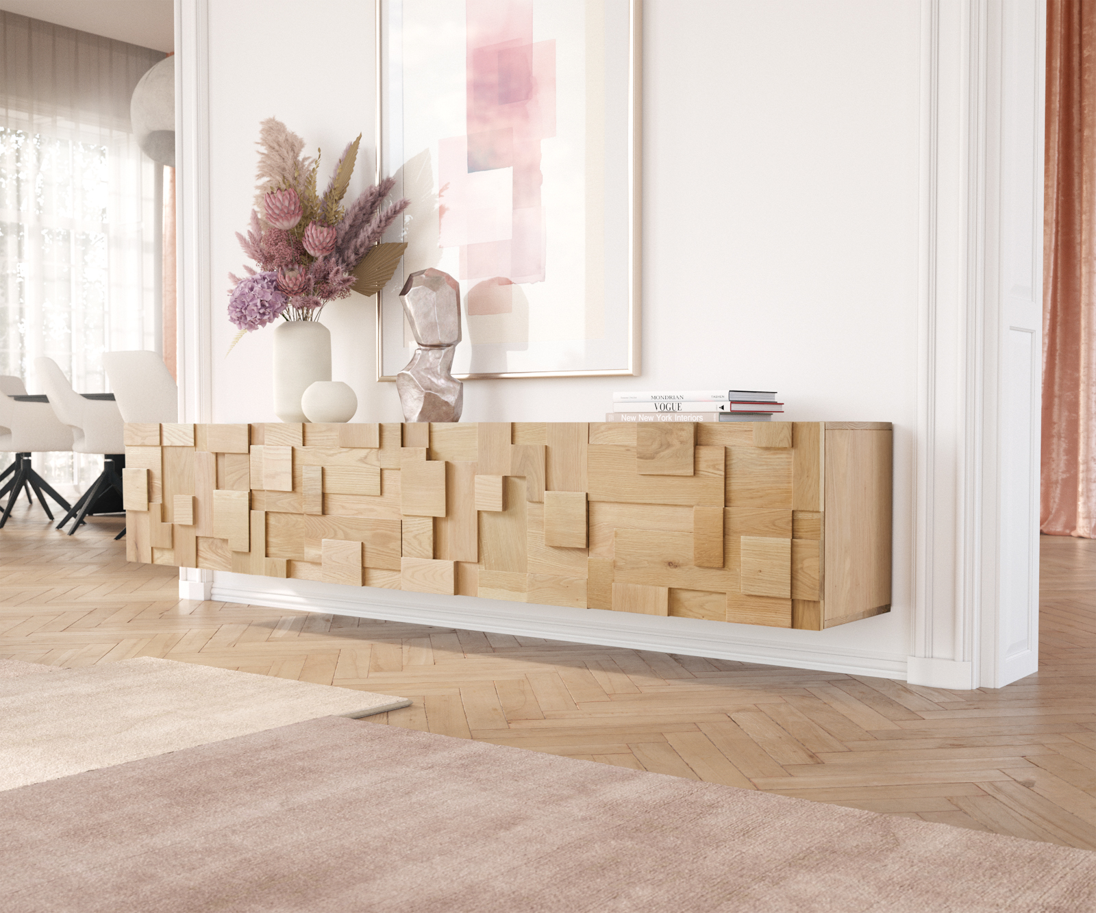 TV stolek Puzzle 220x35x40 cm přírodní dub 4 dvířka