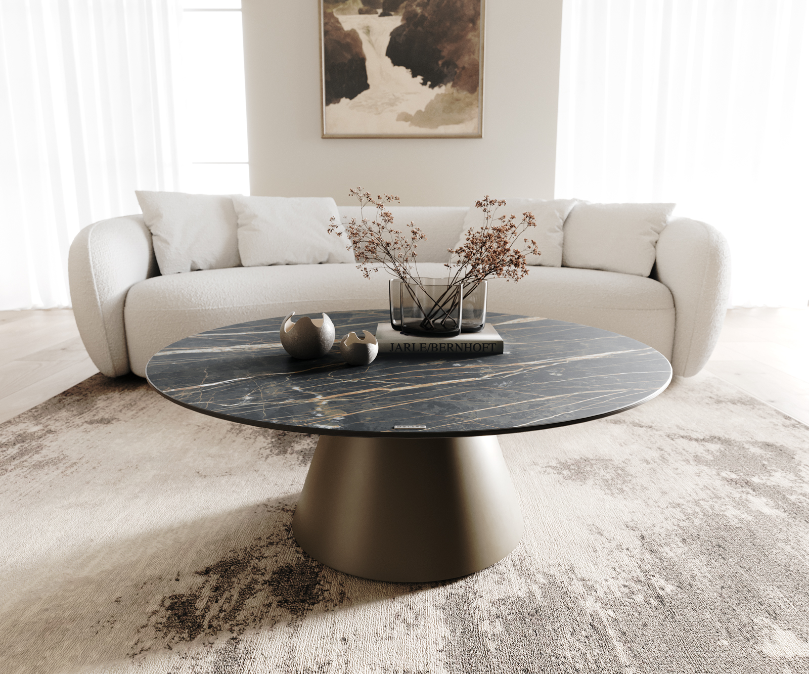 Dohányzóasztal Borna 100x100 cm kerámia Laminam®Noir Desir barna láb kúpos titán effekt felület - Image 2