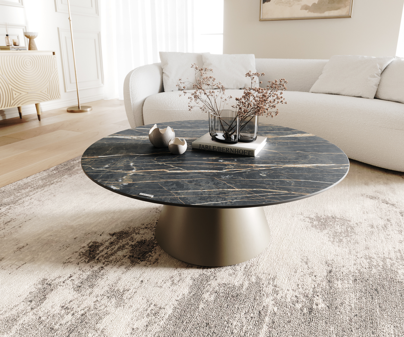 Dohányzóasztal Borna 100x100 cm kerámia Laminam®Noir Desir barna láb kúpos titán effekt felület