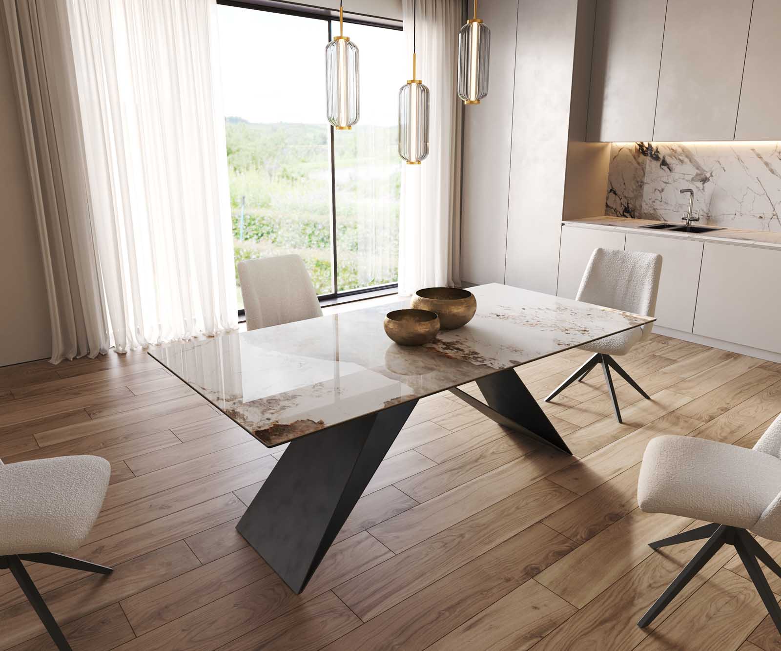 Étkezőasztal Edge 200x100 kerámia Minas melange fehér-bézs V alakú láb laposacél fekete