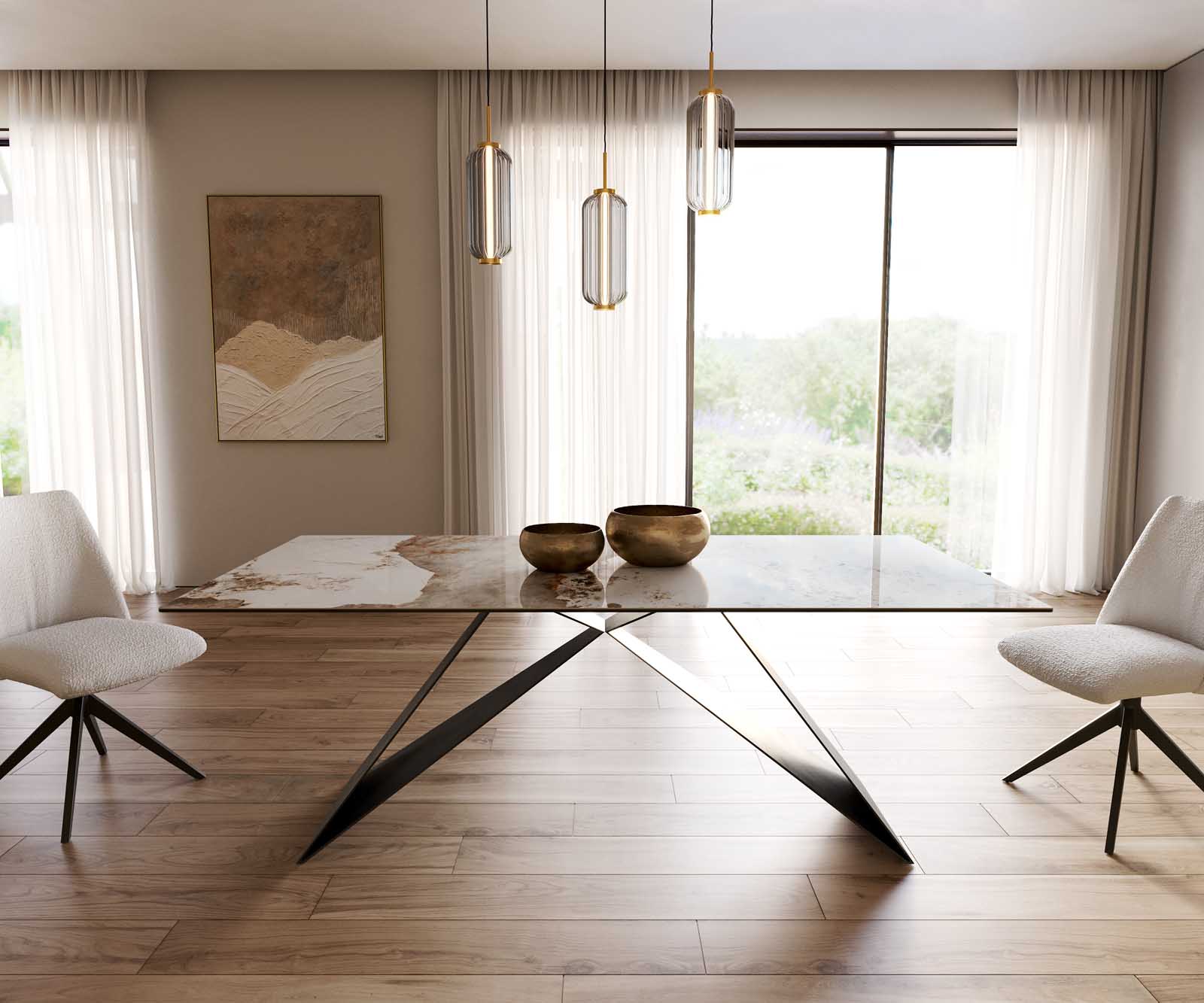 Étkezőasztal Edge 200x100 kerámia Minas melange fehér-bézs V alakú láb laposacél fekete - Image 2