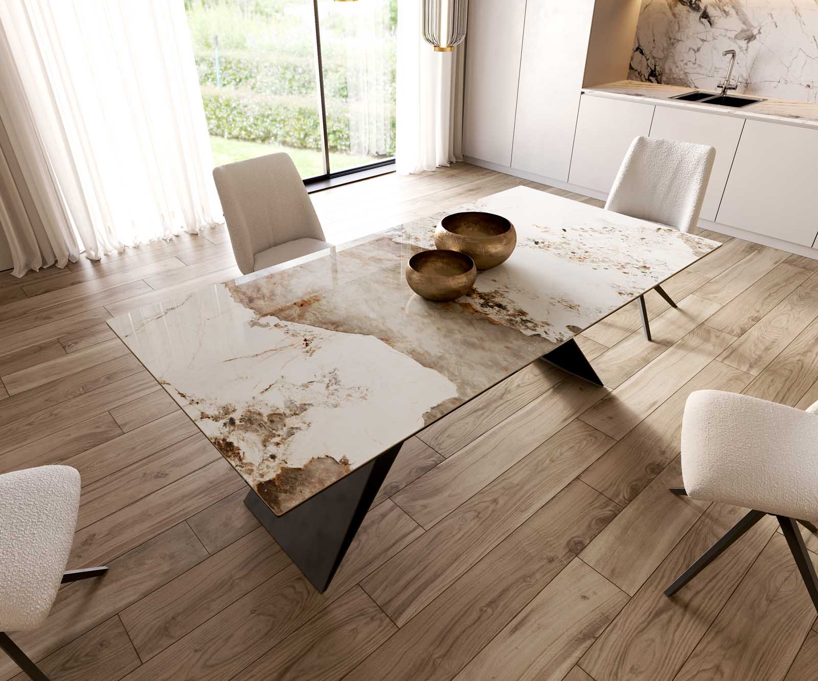 Étkezőasztal Edge 200x100 kerámia Minas melange fehér-bézs V alakú láb laposacél fekete - Image 6