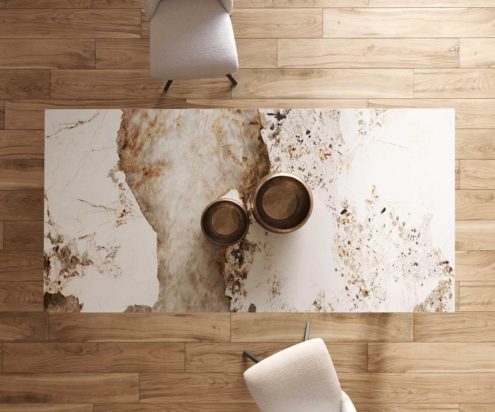 Étkezőasztal Edge 200x100 kerámia Minas melange fehér-bézs V alakú láb laposacél fekete - Image 7