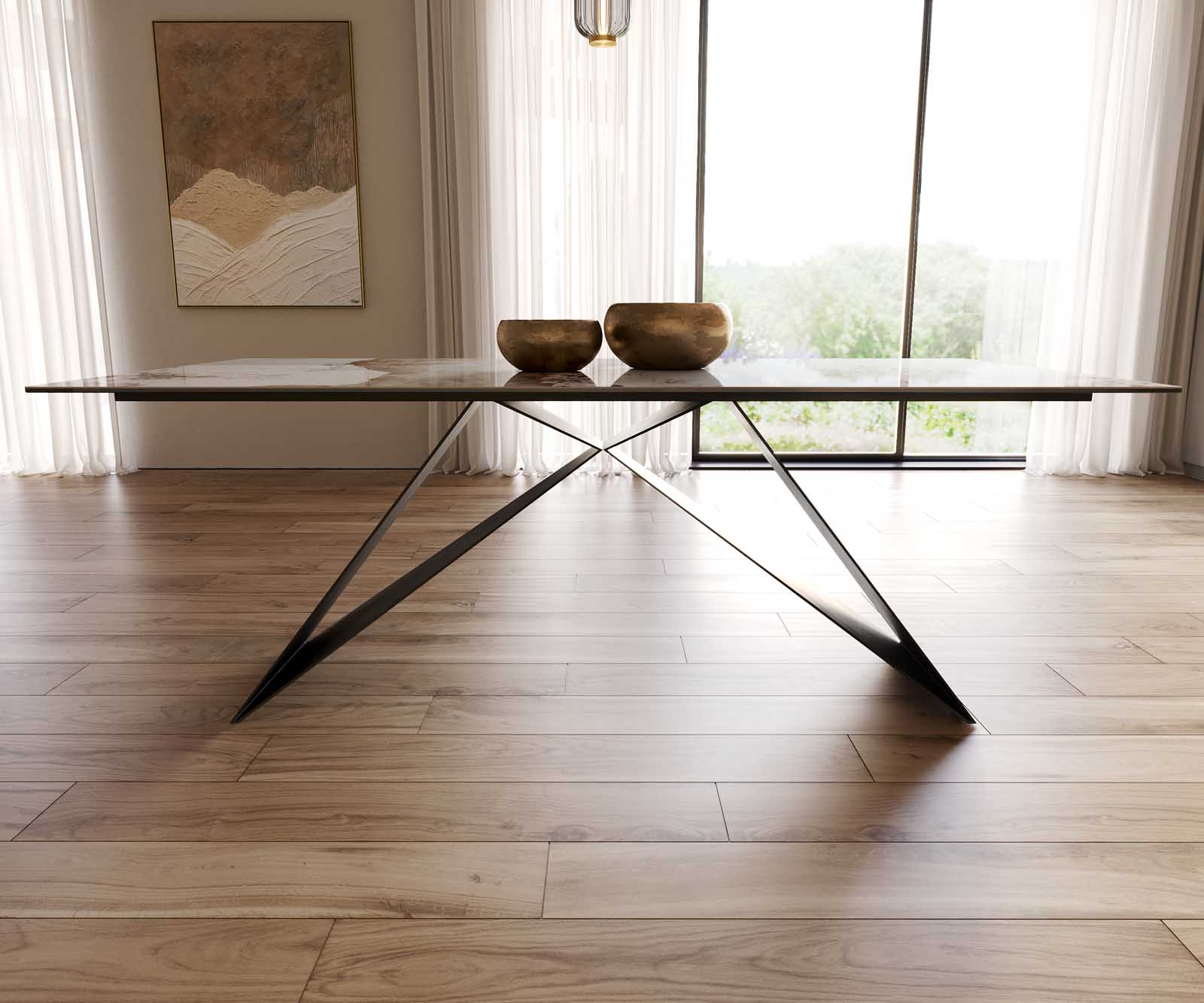 Étkezőasztal Edge 200x100 kerámia Minas melange fehér-bézs V alakú láb laposacél fekete - Image 8