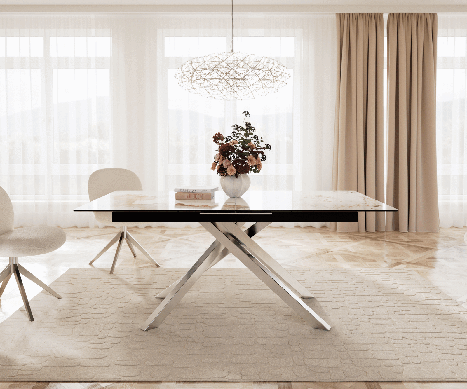 Étkezőasztal Edge 180-220x100 cm kerámia Minas melange fehér-bézs kereszt láb téglalap alakú rozsdamentes acél kihúzható - Image 2