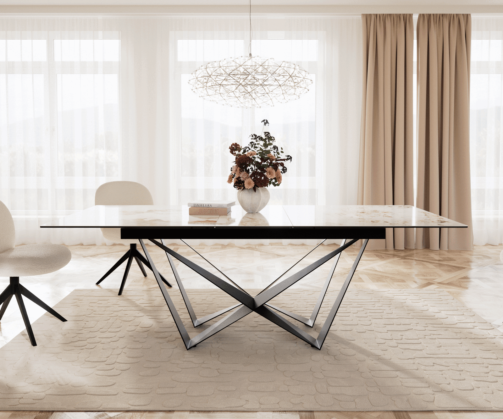 Étkezőasztal Edge 180-220x100 kerámia Minas melange fehér-bézs Spider laposacél fekete kihúzható - Image 2