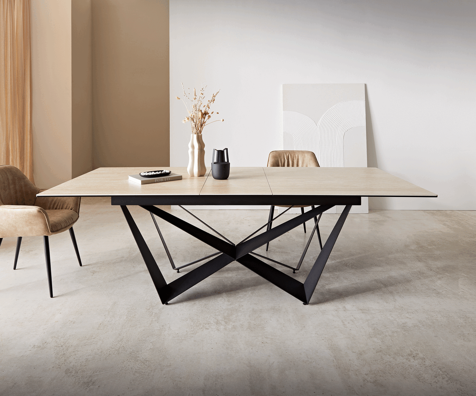 Étkezőasztal Edge 180-220x100 kerámia travertin természetes pókláb laposacél fekete kihúzható - Image 2