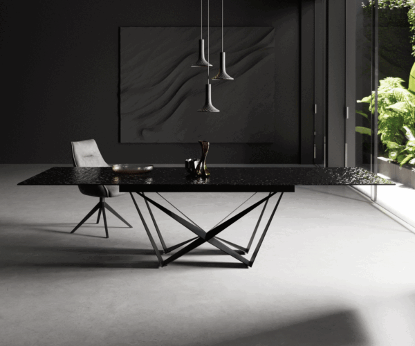 Étkezőasztal Edge 200-300x100 domborított üveg füstfekete 3D design Spider laposacél fekete kihúzható - Image 2