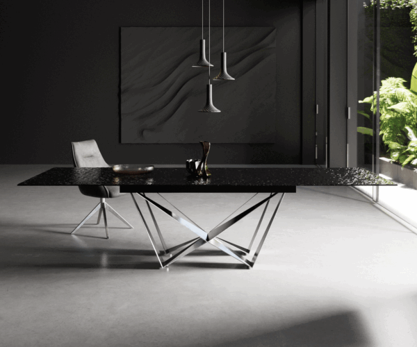 Étkezőasztal Edge 200-300x100 domborított üveg füstfekete 3D design Spider laposacél rozsdamentes acél kihúzható - Image 2