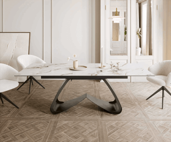 Étkezőasztal Edge 180-220x100 kerámia Calacatta Luxe fehér arany szürke W láb titán effekt felület bővíthető - Image 2