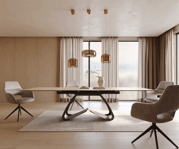 Étkezőasztal Edge 200-300x100 kerámia Laminam® sabbia tölgyszínű W alakú láb titán hatású bővíthető - Image 2