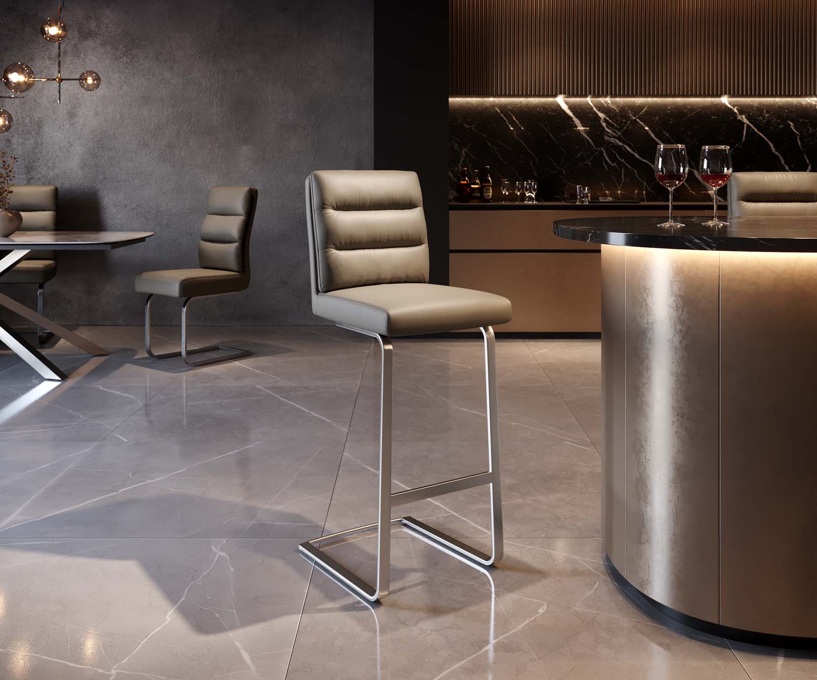 Bárszék Pela-Flex valódi bőr sötét bézs étkezőszék lapos rozsdamentes acél zsákrugós - Image 2