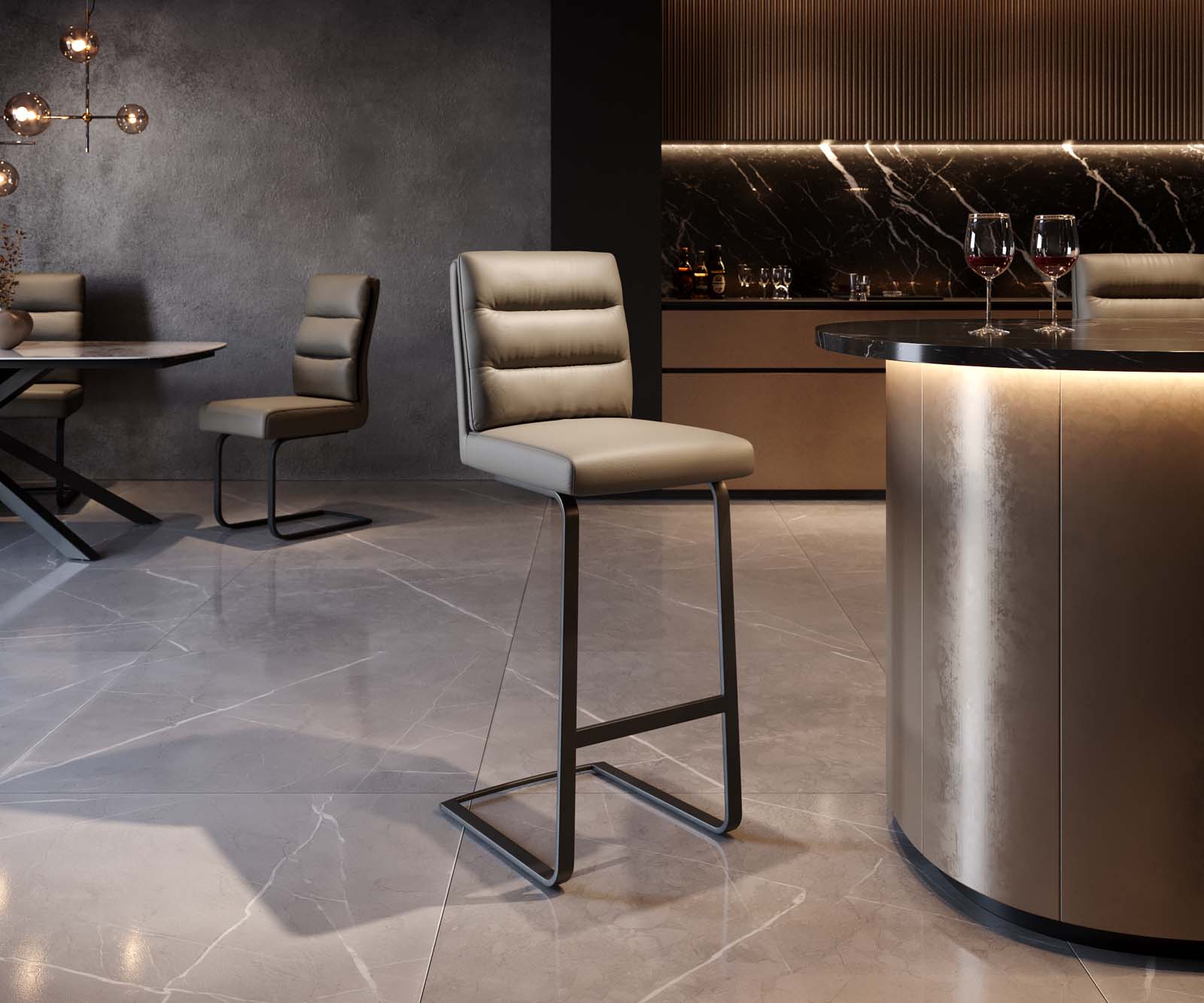 Bárszék Pela-Flex valódi bőr sötét bézs étkezőszék lapos fém fekete zsákrugós - Image 2