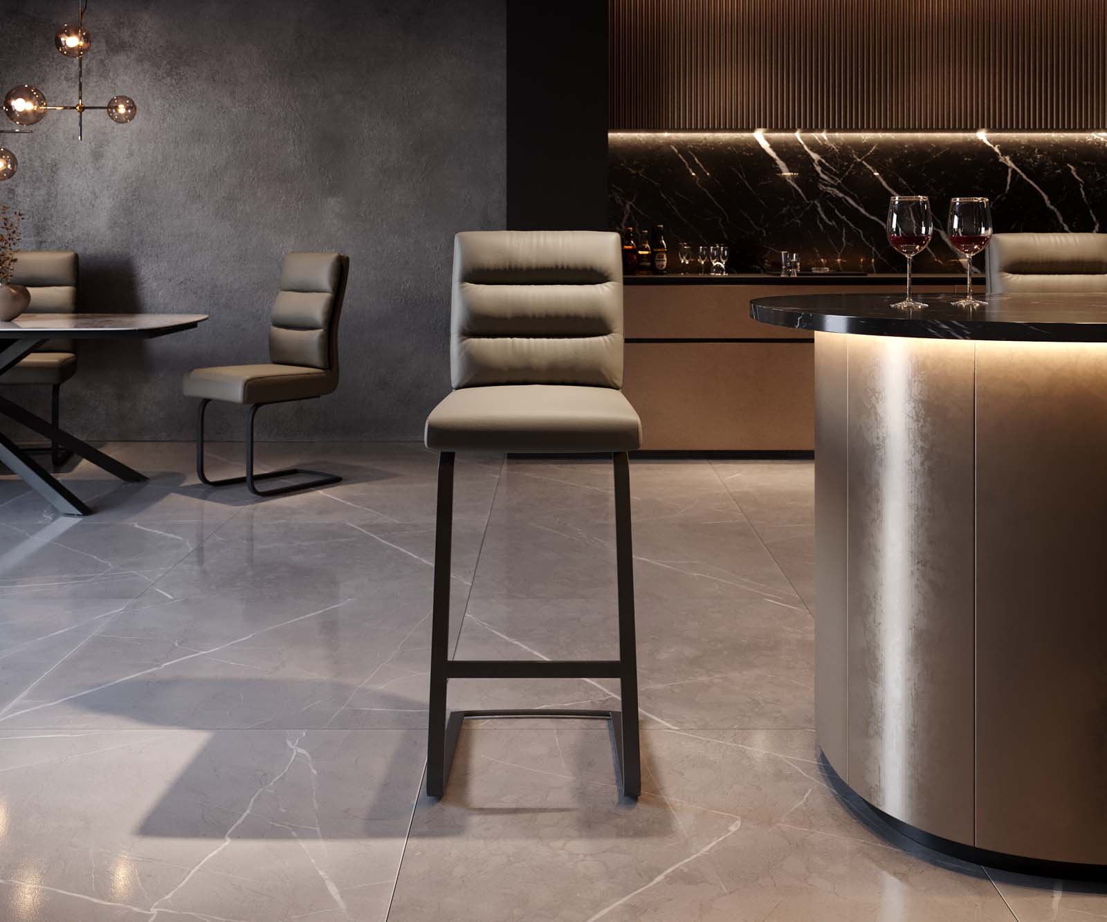 Bárszék Pela-Flex valódi bőr sötét bézs étkezőszék lapos fém fekete zsákrugós - Image 3