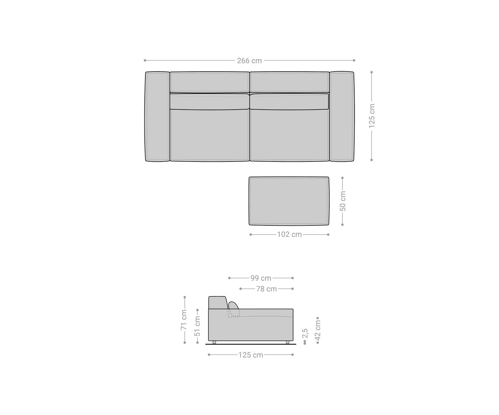 Nagy kanapé Sirpio XL 270x130 cm plüss kordbársony bézs puffal - Image 8