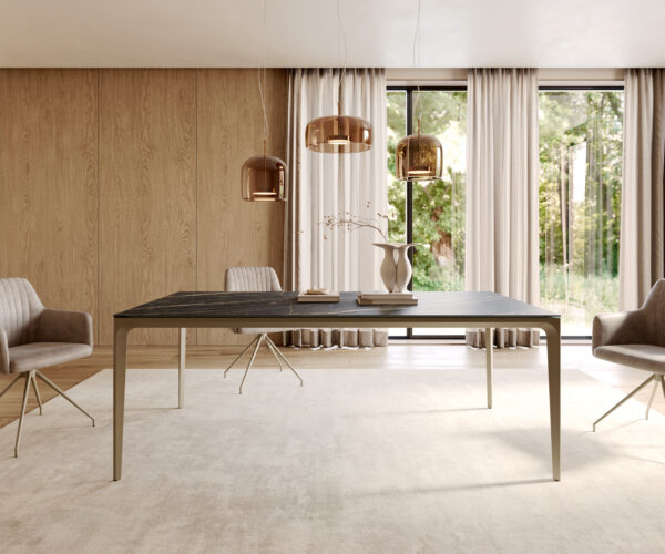 Étkezőasztal Escina 200x100 cm Laminam®Noir Desir barna kerámia asztallap alumínium láb