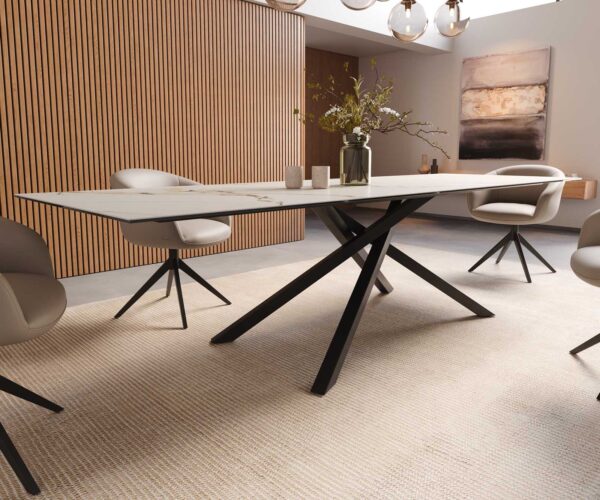 Étkezőasztal Edge 300x100 cm kerámia Calacatta Luxe fehér arany szürke kereszt láb téglalap alakú fekete - Image 7