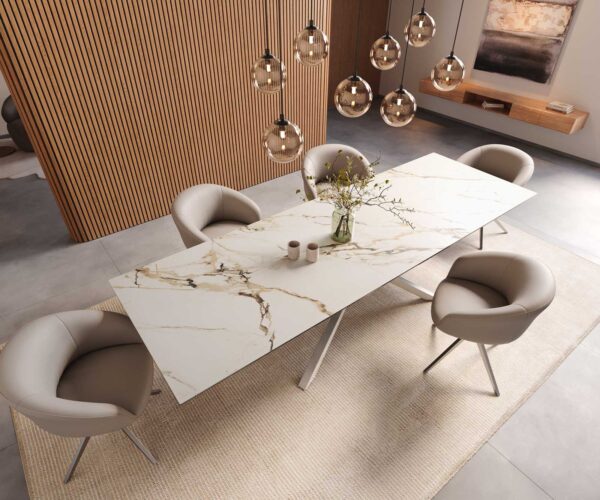 Étkezőasztal Edge 300x100 kerámia calacatta luxe fehér arany szürke kereszt láb rozsdamentes acél - Image 6